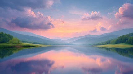 Fototapeta premium Serene Sunset Reflection Over Calm Lake Surrounded by Lush Green Hills and Colorful Sky with Soft Clouds in the Distance
