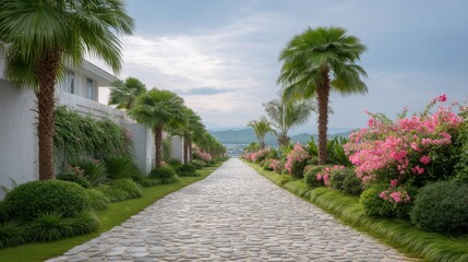 Serene Garden Pathway Surrounded by Vibrant Flowers and Palm Trees Under Soft Cloudy Sky