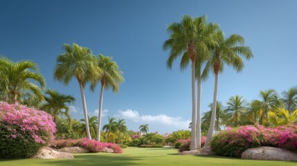 Fototapeta premium Lush Tropical Landscape with Palm Trees and Colorful Flowering Plants Under Clear Blue Sky