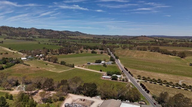 Rowland Flat, South Australia &ndash; 4K aerial drone footage of Trinity Lutheran Church surrounded by vineyards, winery facilities and countryside roads in a famous wine region