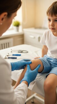 Ein Kinderorthop&auml;de und Osteopath untersucht das Knie und Bein eines kleinen Jungen in einer medizinischen Praxis.