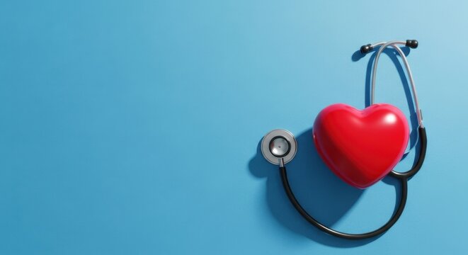  Rotes Herz und Stethoskop auf hellblauem Hintergrund. Medizinisches Konzept f&uuml;r Kardiologie, Gesundheitswesen und Vorsorge, mit viel Textfreiraum