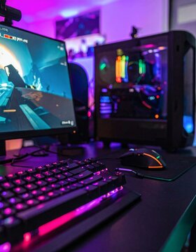 Powerful Gaming PC Setup with Vibrant RGB Lighting and Immersive Display.