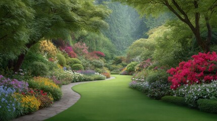 Obraz premium Serene Garden Pathway Surrounded by Vibrant Flowers, Lush Greenery, and Tranquil Nature Scene in Full Bloom
