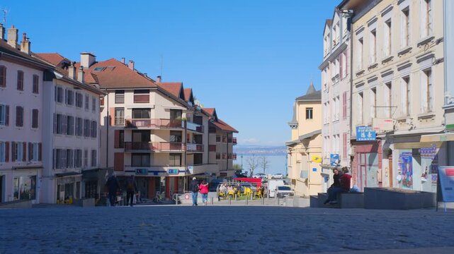 Evian street cityscape people sitting outdoor lake view clear sky