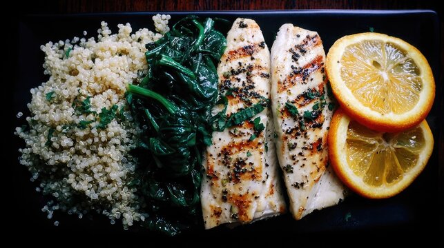 Grilled white fish fillets are served alongside quinoa, saut?ed greens, and citrus slices on a dark plate