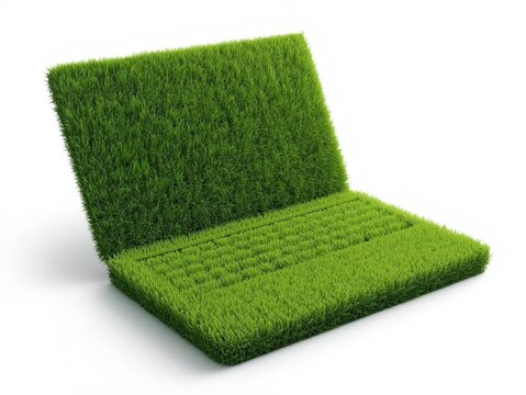 Open laptop sculpted entirely from fresh trimmed green grass with detailed keyboard texture. Spring 2026 eco digital business and green technology concept. Isolated on white, clean commercial visual.