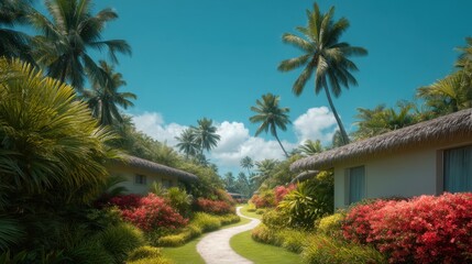 Fototapeta premium Serene Pathway Through Tropical Resort Surrounded by Lush Greenery and Colorful Flowers Under Blue Sky