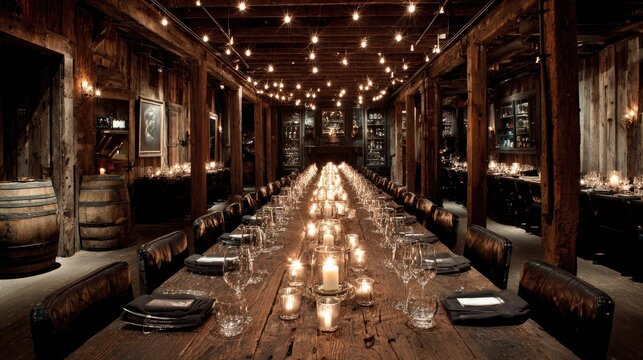 Elaborate formal dining setup stretches down a long rustic wooden room illuminated by many candles and overhead string lights