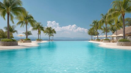 Serene Tropical Resort Pool Surrounded by Lush Palm Trees and Clear Blue Skies for Relaxation and Leisure