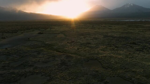 Aerial sunset over Sajama plains in Bolivia, warm golden light illuminating vast Altiplano landscape. Minimalist scenery with long shadows and dramatic sky.