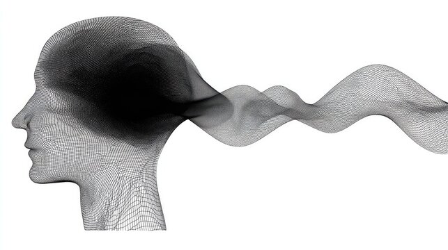 Wireframe human head silhouette releasing dark, flowing, abstract energy horizontally