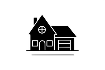 Fototapeta premium Real estate themed minimal house silhouette, dark gray flat house shape, attached garage left side, central arch door, two arched upper windows, right window with shutters, clean vector icon on light 