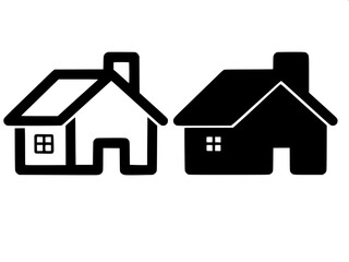 Fototapeta premium Real estate themed minimal house silhouette, dark gray flat house shape, attached garage left side, central arch door, two arched upper windows, right window with shutters, clean vector icon on light 