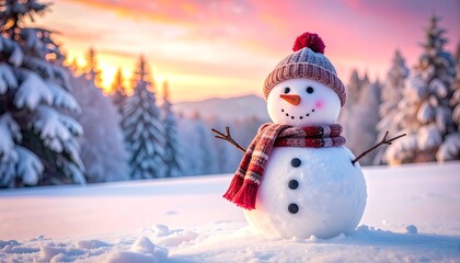 Obraz premium Cheerful snowman with a hat and scarf in a snowy landscape.