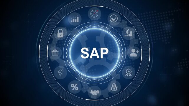 SAP System Software Automation concept on virtual screen data center. Modern Technology. Motion graphics of icon symbol background