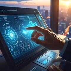 A hand interacts with a futuristic computer screen displaying data