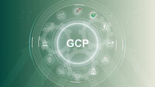 GCP - Good Clinical practices Acronym. Modern business technology interface with gears and digital network icons. Motion graphics of icon symbol background