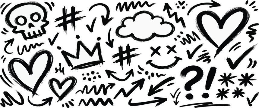 Graffiti bold brush drawn shape set. Hand drawn punk stickers, cloud and hashtag symbols. Grunge rock skull, heart and arrow shapes. Funky graphic figures for urban design posters, street art banner.