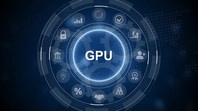 GPU graphics processing unit concept. Modern business technology interface with gears and digital network icons. Motion graphics of icon symbol background