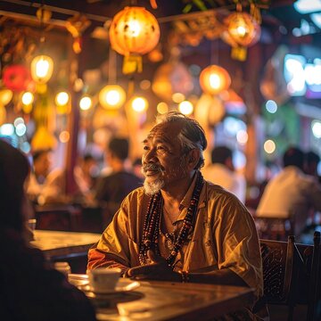Elderly Asian man enjoying a drink in a vibrant, lantern-lit night market.