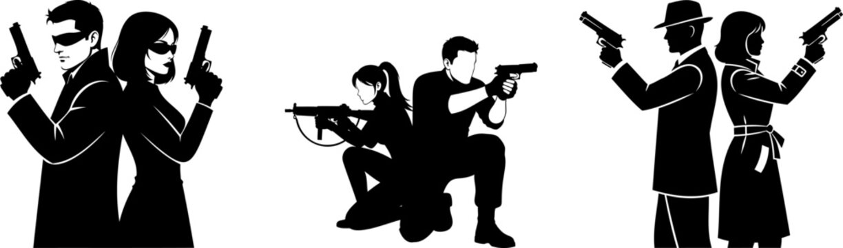 Secret agent silhouettes with guns, spy team action set