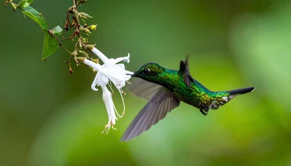 Obraz premium Green Hummingbird Feeding on White Flower in Lush Forest.