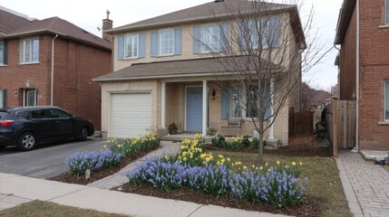 Suburban residence features colorful spring flowers bordering the walkway and driveway