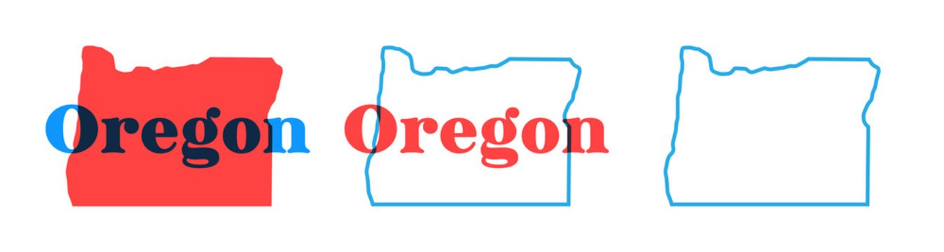 Oregon state map silhouette with the state name in retro typography above. Vintage design with overprint colors and bold shapes, perfect for posters, apparel, travel graphics, and Americana designs.