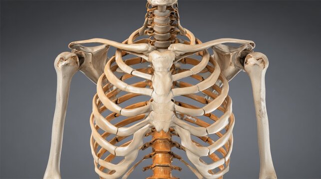 Detailed visualization of the upper torso skeletal structure including the rib cage and shoulder joints