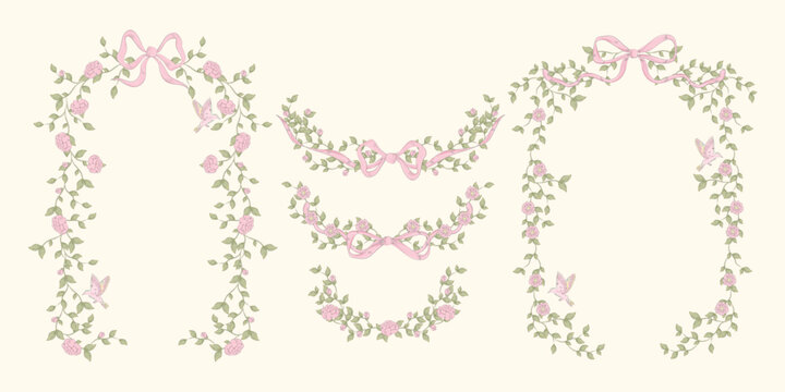 Rose Garland Frames With Ribbons and Bows