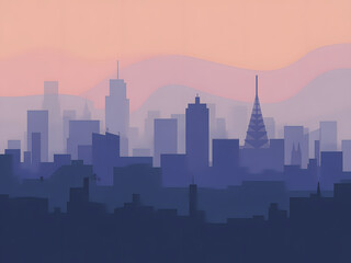 Fototapeta premium A city skyline at sunset with a pink and purple sky, featuring tall buildings and a distant mountain range.