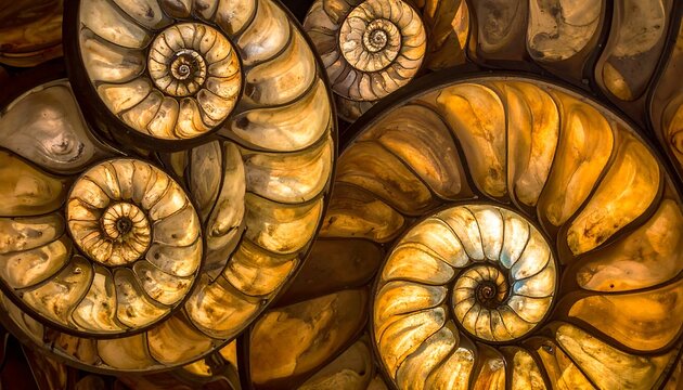 Close-up of fossilized ammonite shells, spiral patterns, ancient history.