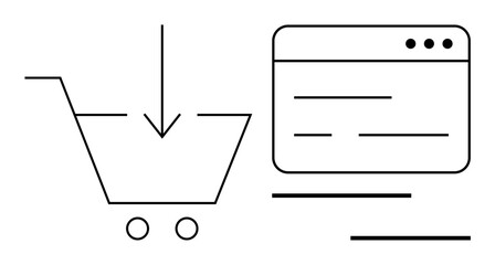 Minimalist shopping cart with downward arrow next to a web page interface. Ideal for e-commerce, online shopping, purchase process, retail technology, consumer behavior, marketing, simple flat © robu_s