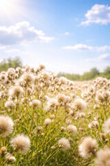 Obraz premium Field of wild dandelion seed heads glowing in warm sunlight under a blue sky with soft clouds. 