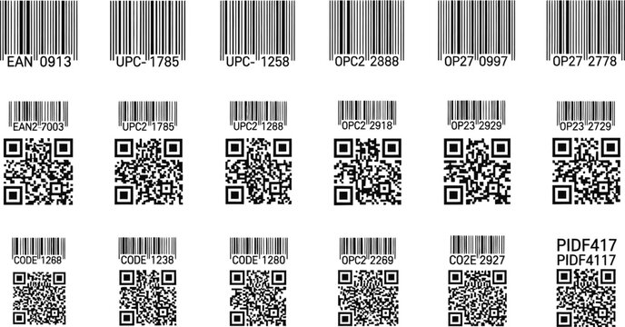 A diverse grid showcases different types of encoding symbols including traditional barcodes and modern QR codes arranged for comparison.