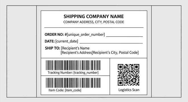 A detailed mockup of a shipping label displays fields for tracking numbers, recipient address, and integrated barcode and QR code elements.