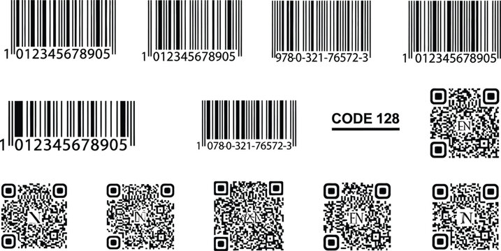 Various types of black and white 1D barcode formats and 2D QR codes are displayed against a white background for identification purposes.