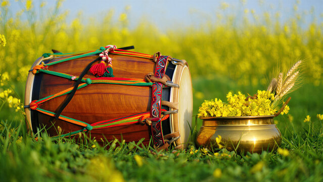 Traditional dhol drum and brass pot with yellow flowers in sunny mustard field, Baisakhi harvest celebration in Punjab, vibrant colors in Indian cultural festival, Punjabi rural springtime joy