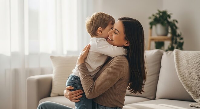 Mother happily hugging her young son on the sofa at home, Mother's Day concept  