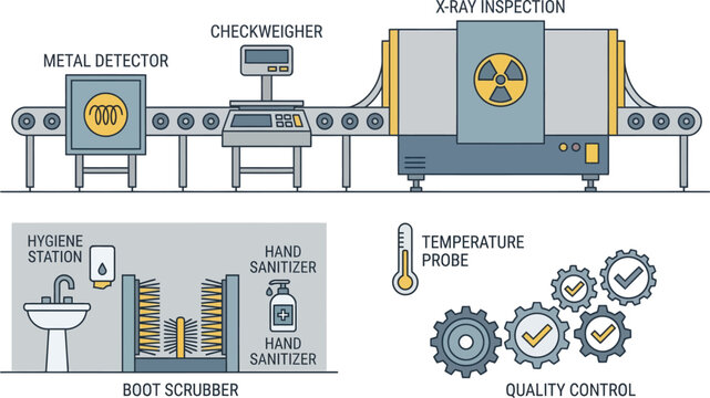 A comprehensive layout depicts essential safety and quality control stations including metal detection, weighing, scanning, and sanitation areas.