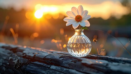 Single Daisy in Glass Vase on Wooden Log at Golden Hour Sunset.