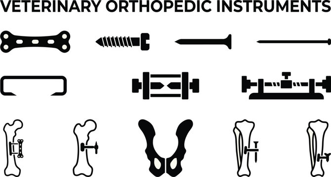 Black and white schematic illustrations depict various veterinary orthopedic implants and bone fixation devices used in animal surgery.