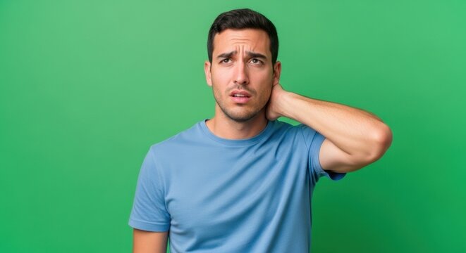 A confused young man scratches his neck looking worried.