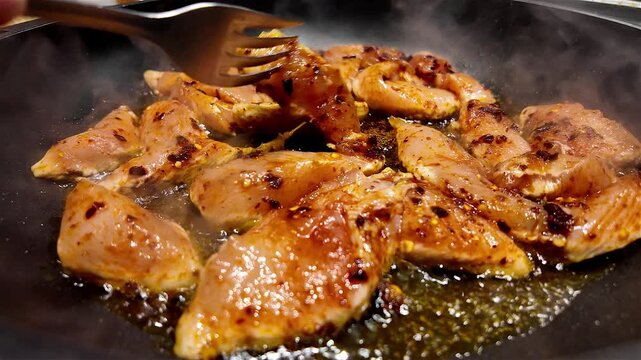 Baking chicken strips in pan on home gas stove, seasoned spicy pepper chicken recipe, slow motion pushing in shot