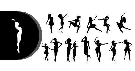 A collection of elegant ballerina silhouettes in various dance poses on a white background © Graphicclick