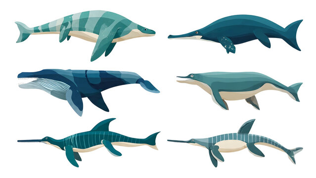 Flat Minimal Vector Illustration of Prehistoric Marine Reptiles and Ichthyosaurs