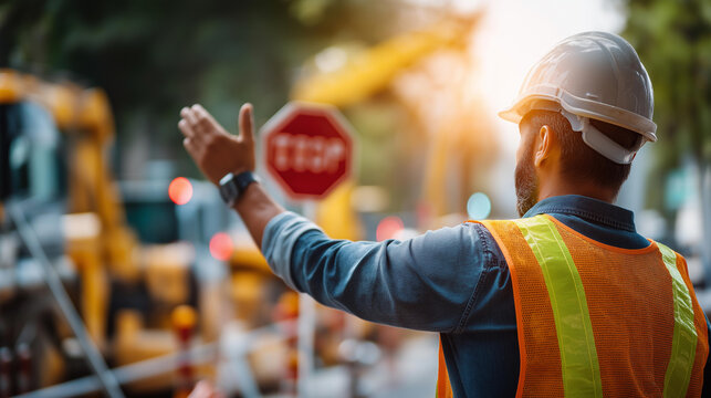 Faceless construction traffic worker from behind in a bright safety vest, one arm extended holding a stop sign toward oncoming traffic, the construction zone visible behind him