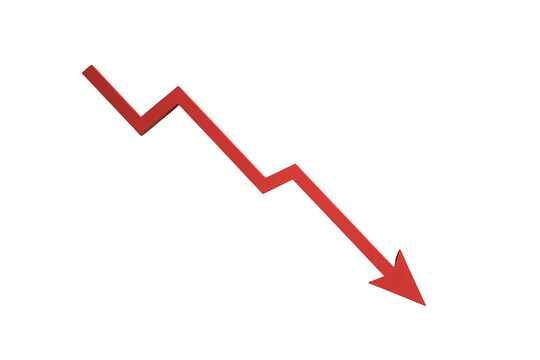 Red arrow moving downward showing market decline, economic recession, financial loss, and crisis downtrend concept