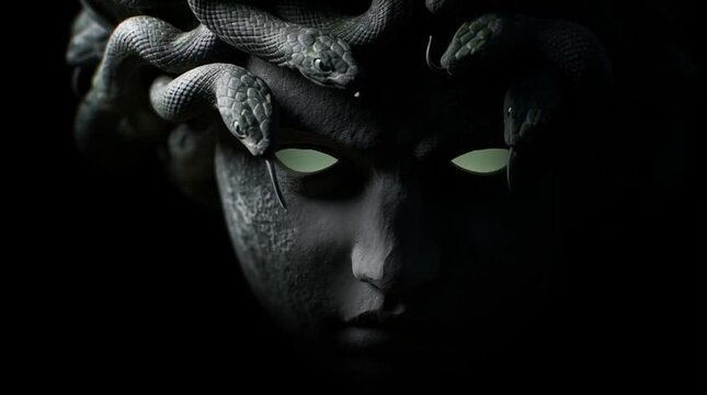 Dark mythological face with moving snakes instead of hair inspired by ancient gorgon legend dramatic horror concept